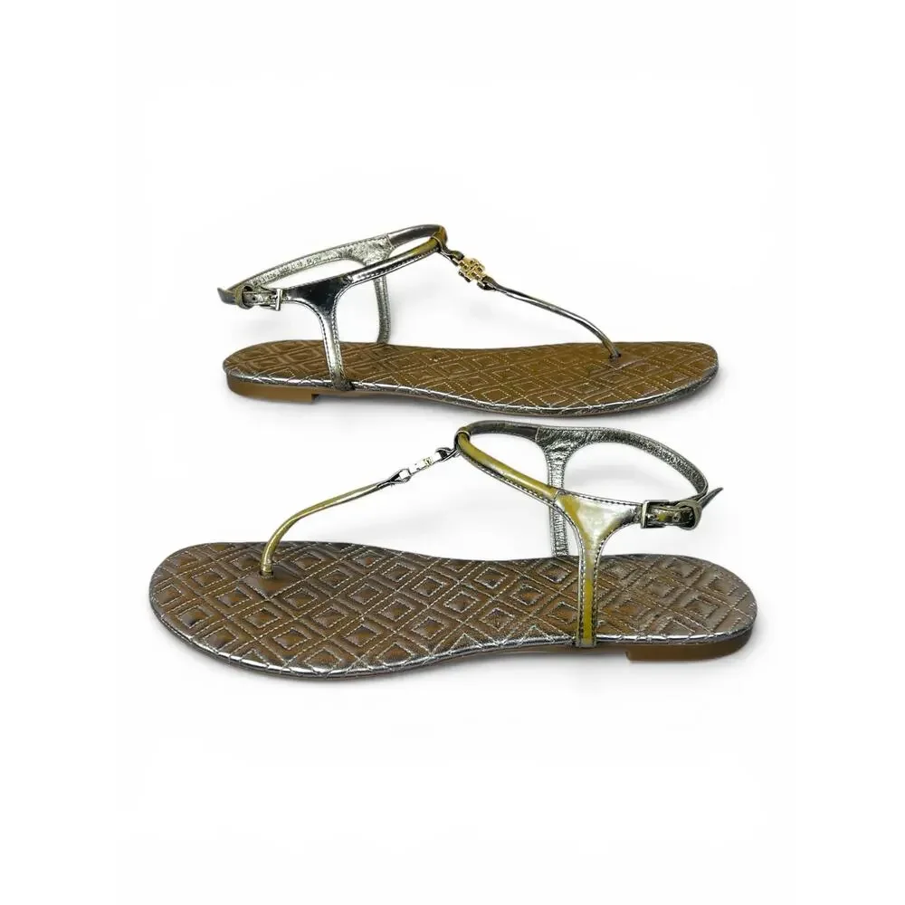 Tory Burch Marion Gold Metallic Quilted Leather Thong Sandals Logo Charm 9